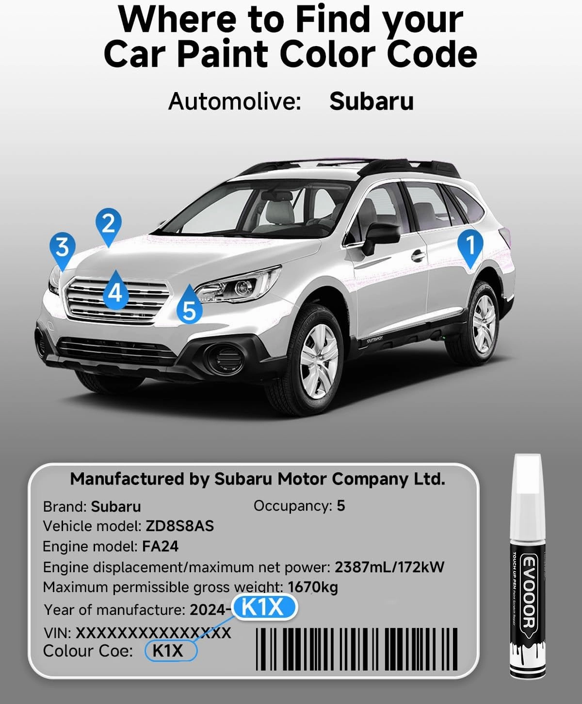 K1X Crystal White Pearl Tricoat Touch Up Paint Compatible with Subaru Exact Match 2 in 1 Touch up Paint for Chips and Nicks Repair with 2pcs Disposable Micro Applicators