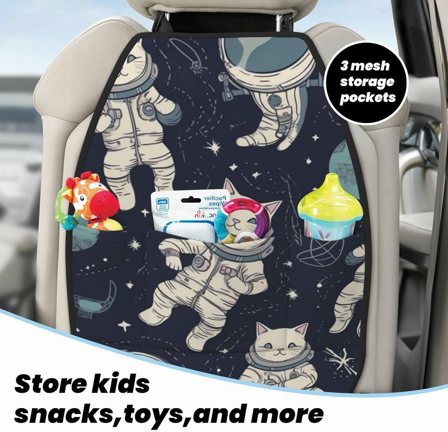 Kick Mat Back Seat Protector for Car 2 Pack Extra Large Car Back Seat Cover with 3 Storage Pockets Waterproof Seat Back Protector Fun Cat Astronaut Backseat Car Organizer for Trucks SUV