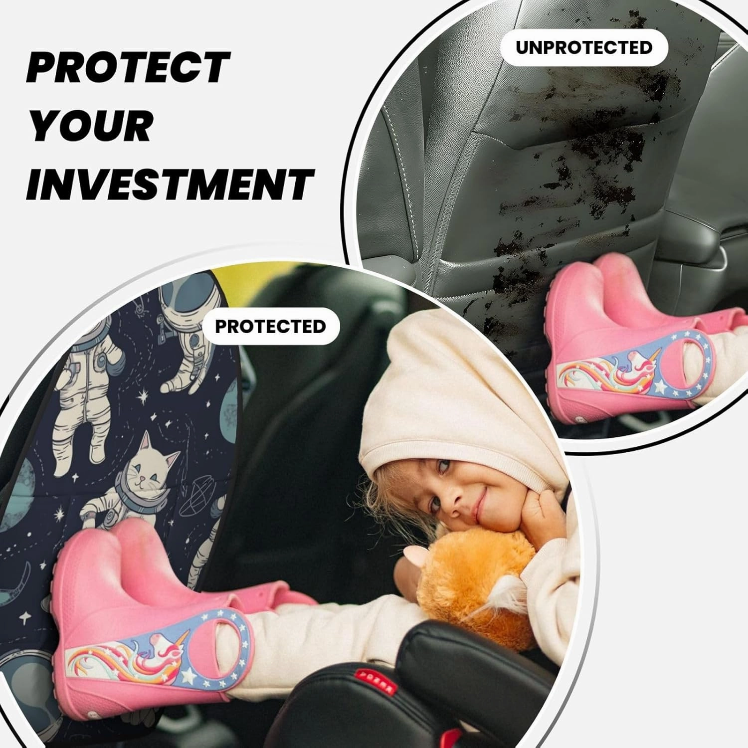 Kick Mat Back Seat Protector for Car 2 Pack Extra Large Car Back Seat Cover with 3 Storage Pockets Waterproof Seat Back Protector Fun Cat Astronaut Backseat Car Organizer for Trucks SUV