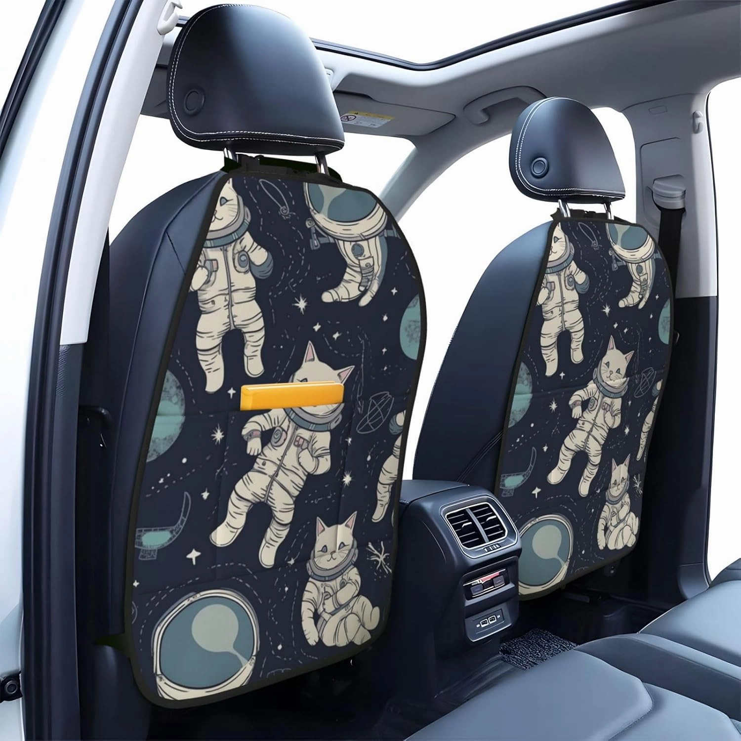 Kick Mat Back Seat Protector for Car 2 Pack Extra Large Car Back Seat Cover with 3 Storage Pockets Waterproof Seat Back Protector Fun Cat Astronaut Backseat Car Organizer for Trucks SUV