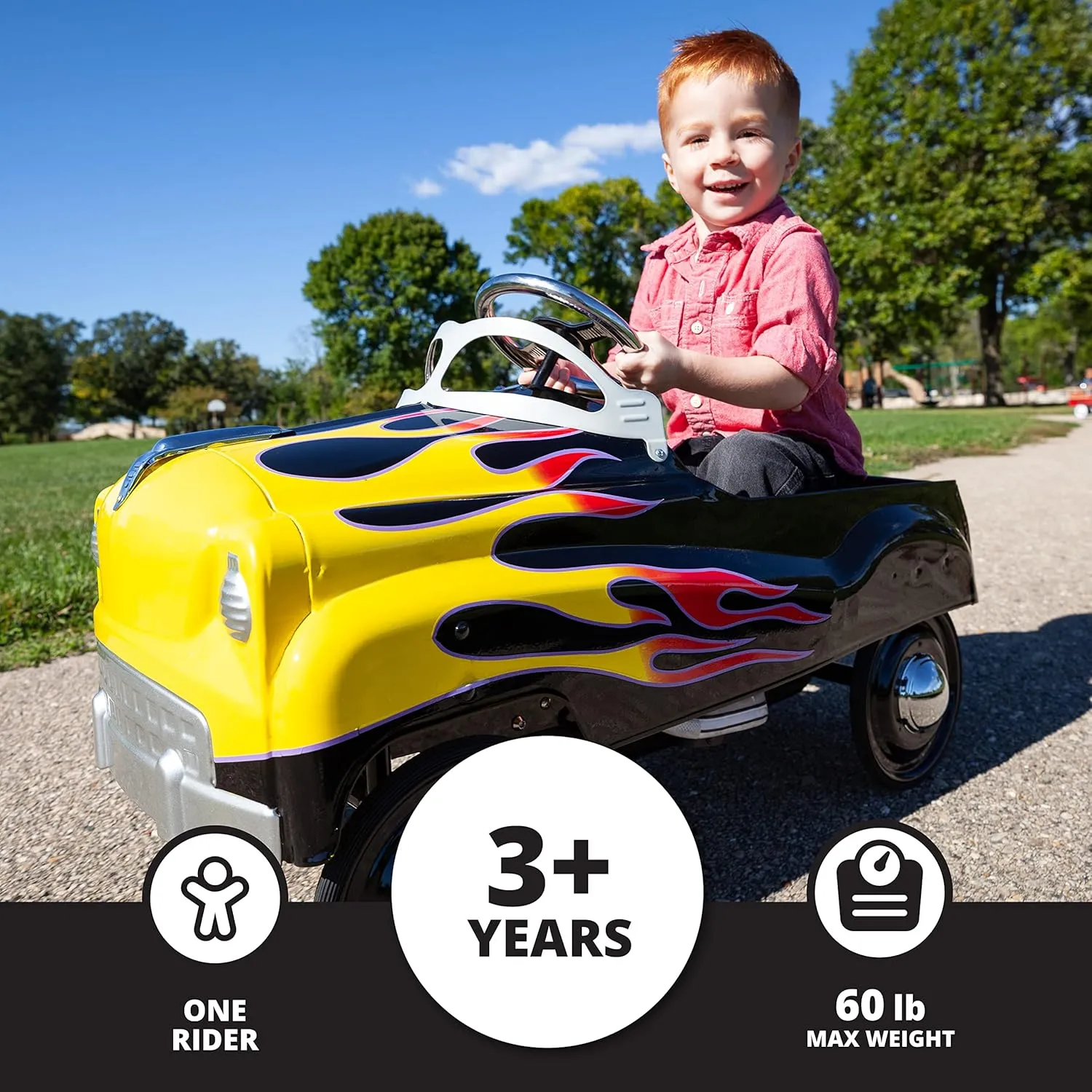 Kid Trax Toddler Classic Pedal Car, Kids 3-5 Years Old, Max Weight 60 lbs, Durable Steel, Street Rod, Large