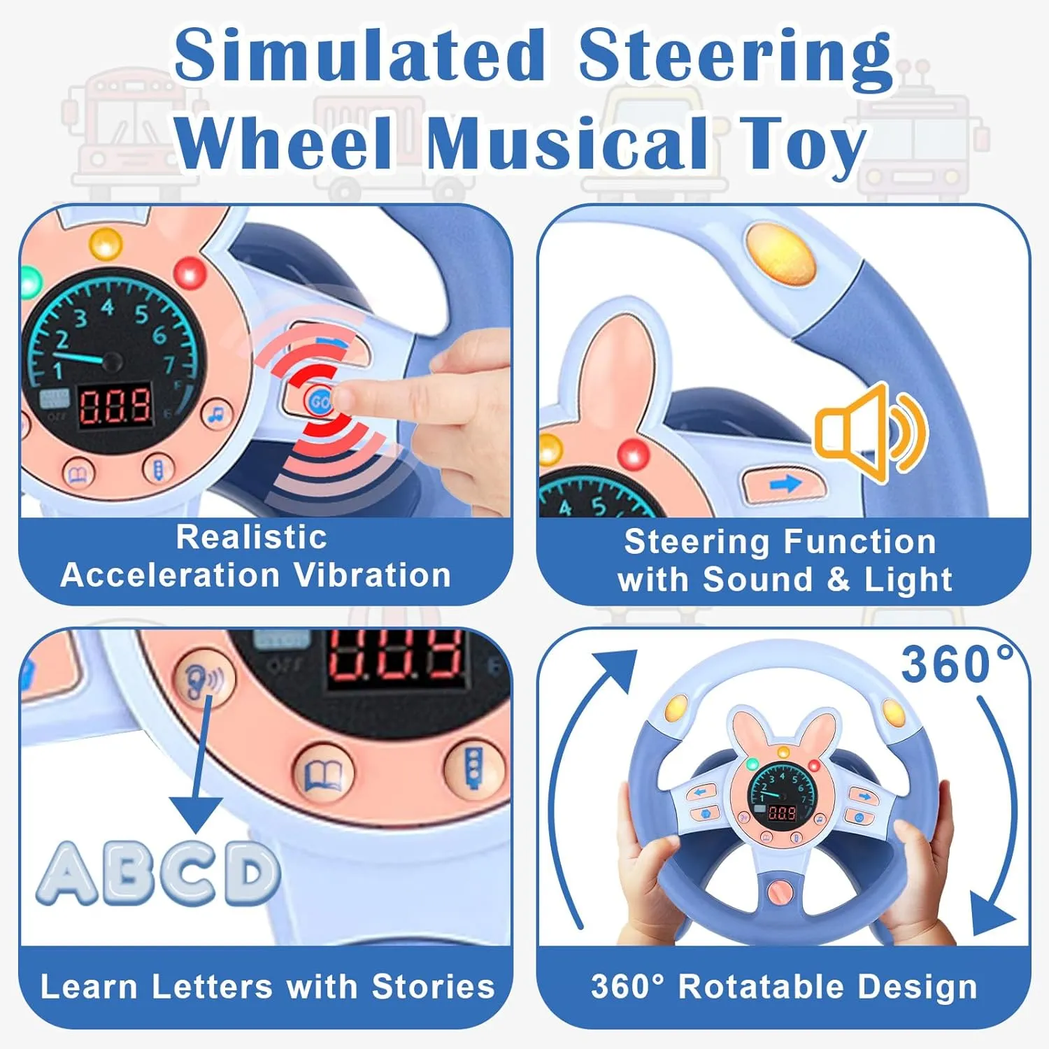 Kids Steering Wheel Toy with Vibration, Driving Simulated Steering Wheel Toy for Backseat, Educational Learning Sensory Toys,Simulated Car Toys with Light Songs for Infant Preschool Kids Toddler Gifts