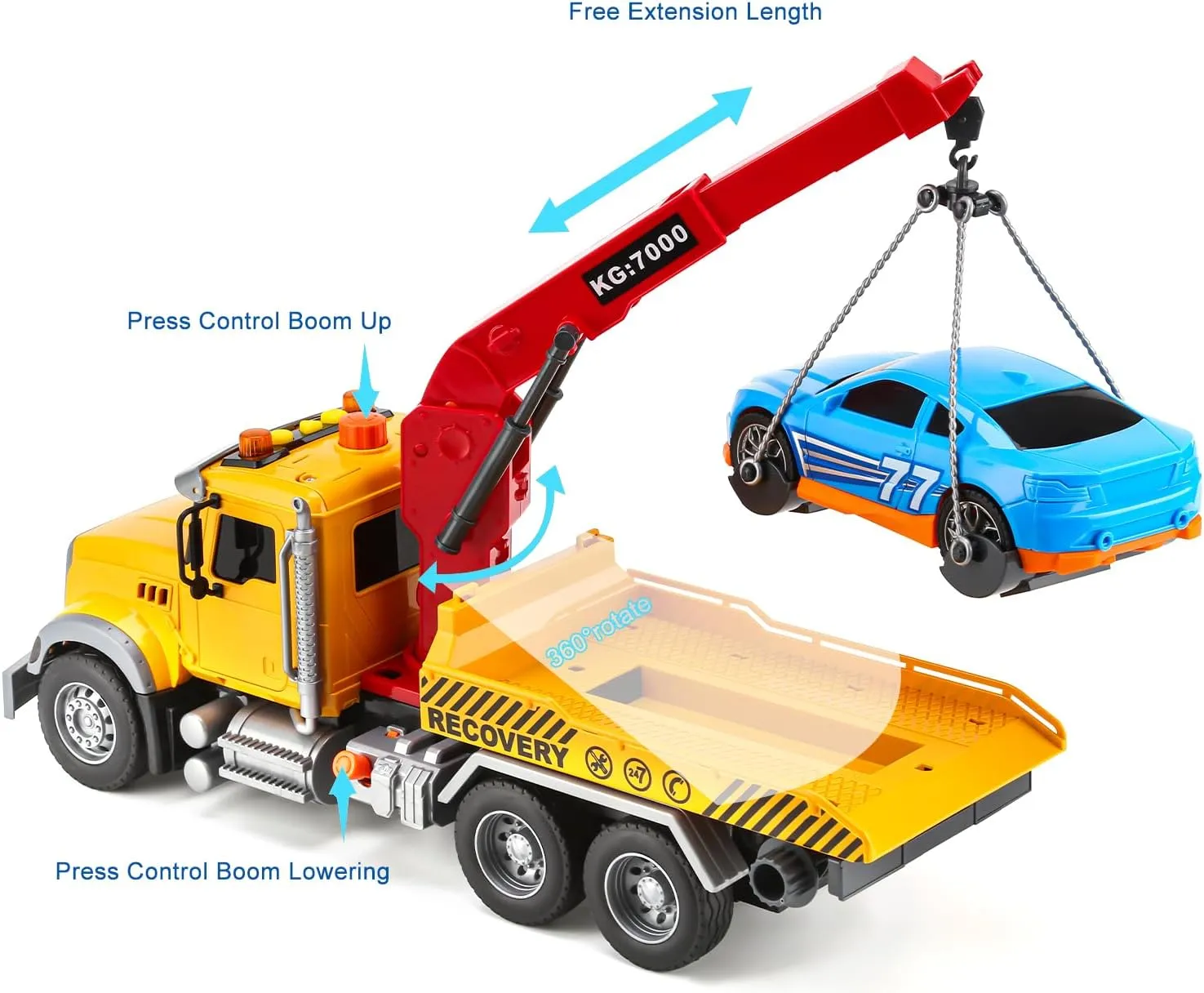 Kids Tow Truck Toy with Car for Boys 4-7 Years Old - Big Tow Truck for Kids Flatbed and Crane with Sounds and Lights, Road Rescue Car for Party Birthday Gifts Truck for Boys Girls