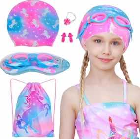 Kids Swim Caps for Girls Long and Short Hair, Child Toddler Teens Silicone Waterproof Swim Cap with Swimming Goggles and Swim Bag for Girls Boys(Age 6-12)