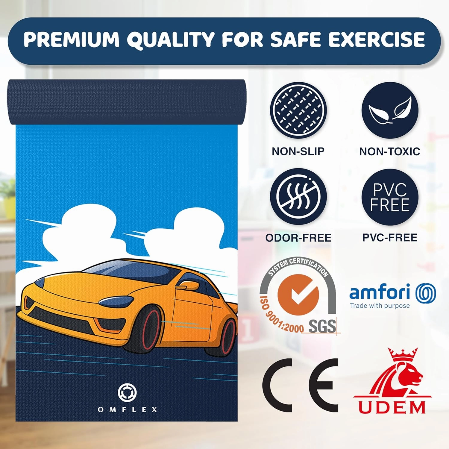 Kids Yoga/Exercise Mats – Premium Non-Slip Mats with Fun Prints for Kids Ages 5-13 – Dolphins, Car, and Supergirl Designs – Includes Carrying Strap – SGS & CE Certified, PVC-Free