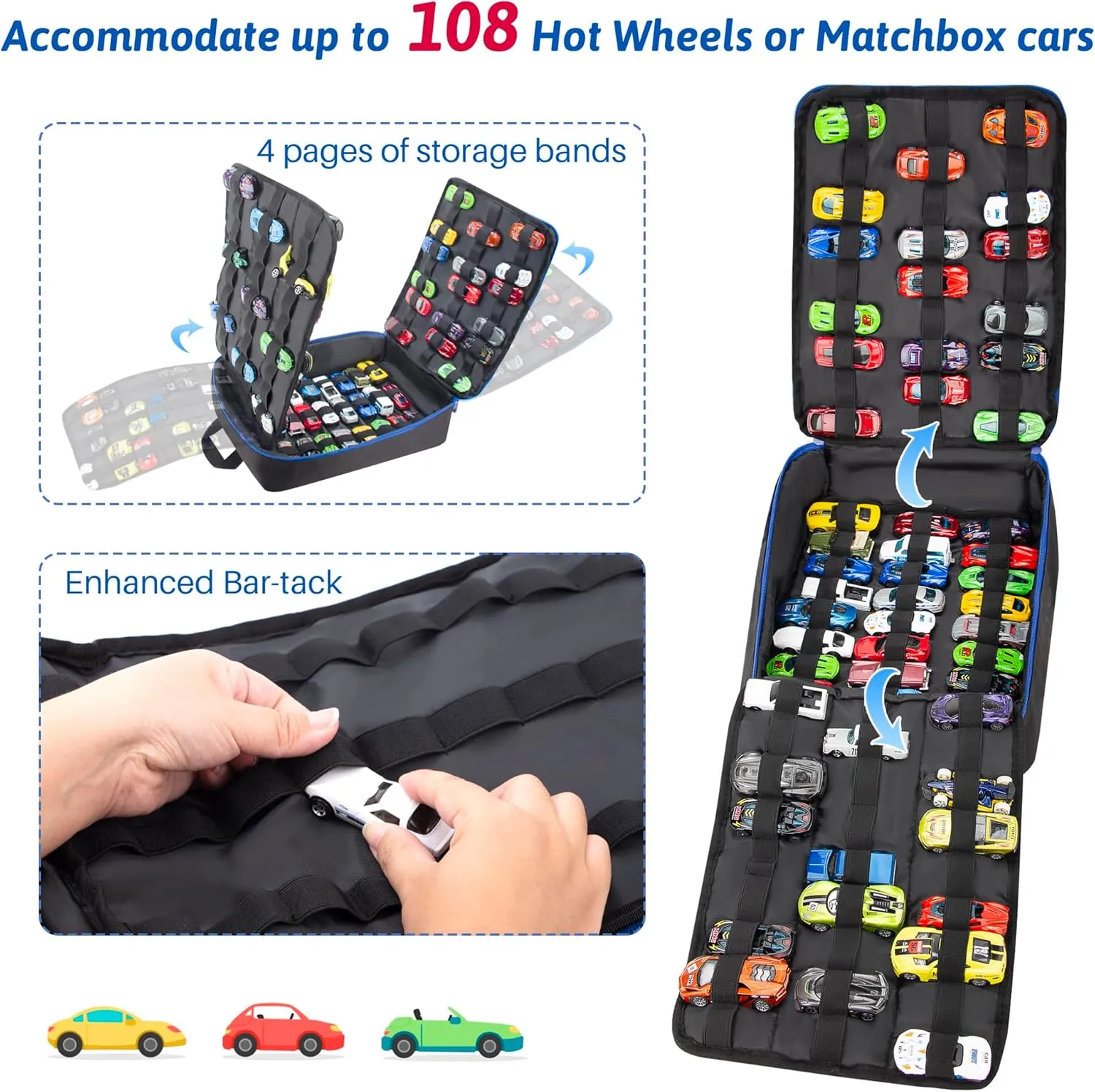 KISLANE Portable Carrying Case Suitable for Toy Cars or Matchbox Cars, Versatile Toy Cars Storage for 108 Toy Cars, Sturdy 4 Pages Toy Cars storage bag with Front Pocket(Case Only) (Black)