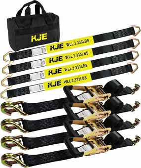 KJE Heavy Duty Car Trailer Tie Down Straps 4 Pack Kit - 2" x 8' Ratchet Straps   J-Hooks with Clip, 2" x 36'' Axle Straps - 10,000lbs Break Strength - Use for Car, Truck, UTV Transport