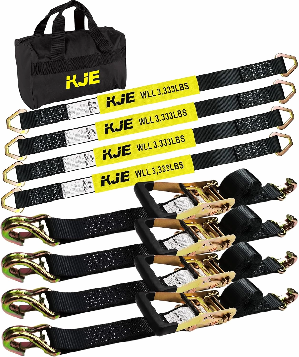 KJE Heavy Duty Car Trailer Tie Down Straps 4 Pack Kit - 2" x 8' Ratchet Straps   J-Hooks with Clip, 2" x 36'' Axle Straps - 10,000lbs Break Strength - Use for Car, Truck, UTV Transport