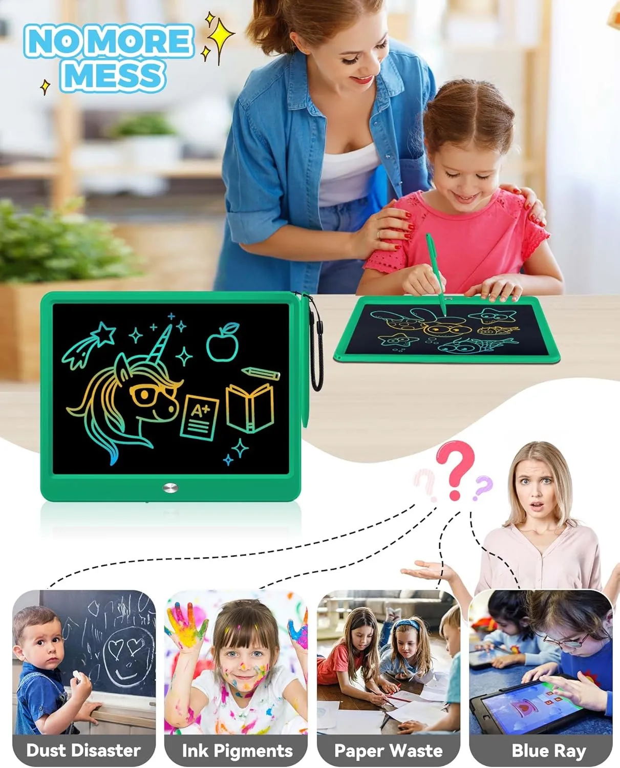 KOKODI 12 Inch LCD Writing Tablet with Anti-Lost Stylus Erasable Doodle Board Colorful Toddler Drawing Pad Car Travel School Games Toys for 3 4 5 6 7 8 Kids Birthday Gift for Girls Boys Adults Green