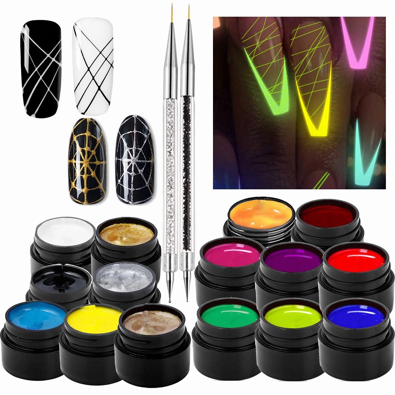 KWOLYKIM 15 Colors Luminous Spider Gel, UV Gel Nail Polish with 2 Nail Art Line Pen DIY Nail Art Drawing for Line Neon Fluorescent Effect Manicure for Halloween Party