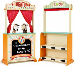 labebe - Deluxe Wooden Puppet Theater Bonus 2 Hand Puppet, ﻿2-in-1 Clock Theater Reversible Play Store, Double-Sided Lemonade Stand, Puppet Show Theater Toy with Chalkboard for Kids 36M 