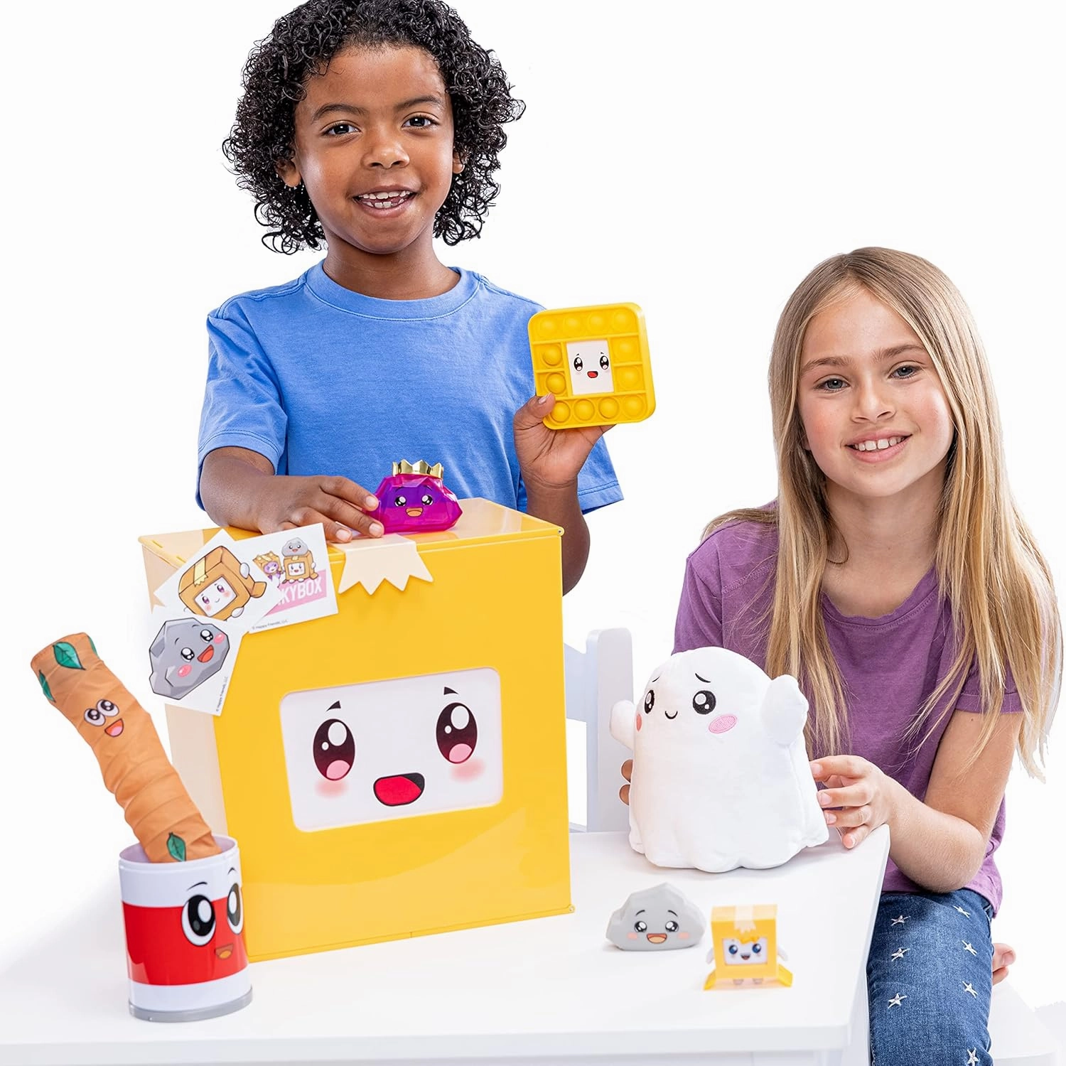 LankyBox Giant Mystery Box: Wearable Boxy case, 2 Figures, one 6” Glow-in-The-Dark Plush, a Squishy , pop-it Fidget Toy, Canny with pop-Out Sticky, and 3 Stickers
