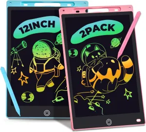 LCD Writing Tablet, 2 Packs Drawing Pads for Kids 3 4 5 6 Years Old 12 Inch Colorful Lines Doodle Scribble Boards Educational Toys for Boys Girls Road Trip EssentialsTravel Game Toys,Pink Blue