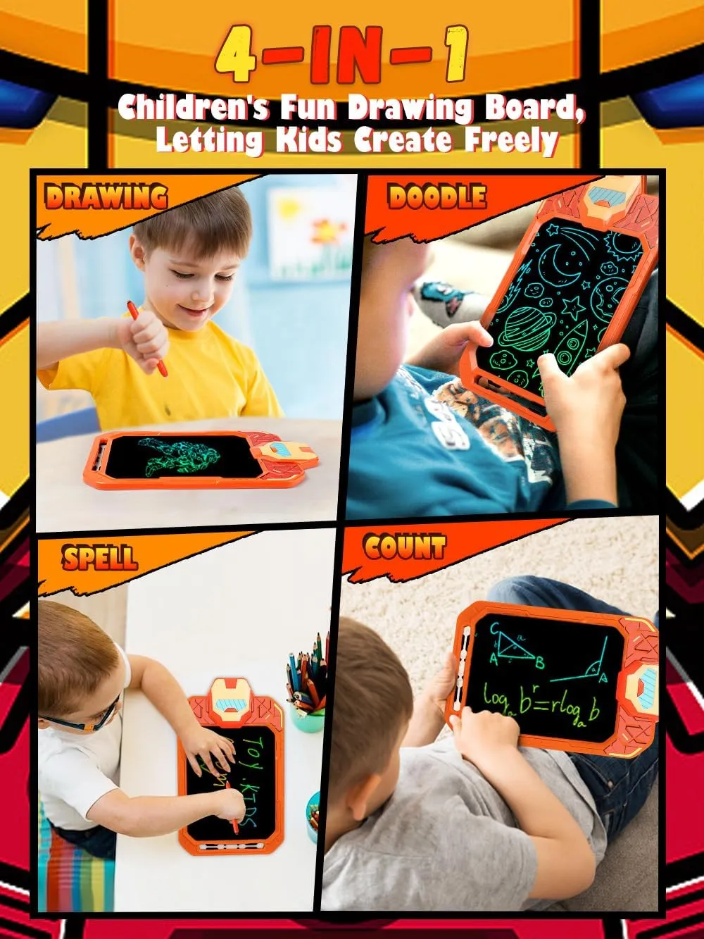 LCD Writing Tablet for Kids 10 Inch Mech Iron Hero for Toddler 2 3 4 5 6 - Paint, Doodle Board, Drawing Pad - Travel Toys, Road Trip Car Activities, Birthday Christmas Gift Boys & Man