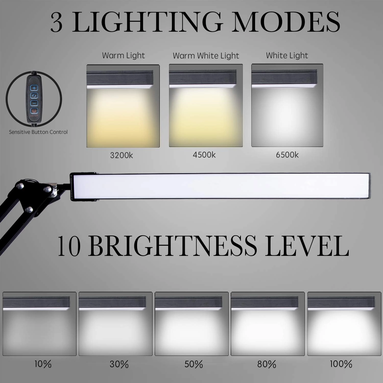 LED Desk Lamp, Adjustable Swing Arm Lamp with Clamp, Eye-Caring Reading Light, 10 Brightness Levels, 3 Lighting Modes, Memory Function Lamps for Home Office Adapter (Black)
