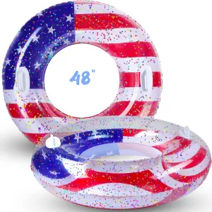 Leitee 2 Pcs Patriotic Inflatable Pool Float Tube with Handles USA Flag Inflatable Pool Float with Confetti Design Swimming Ring Float Summer Floaties for Adults Kid Beach Party (48 inch)