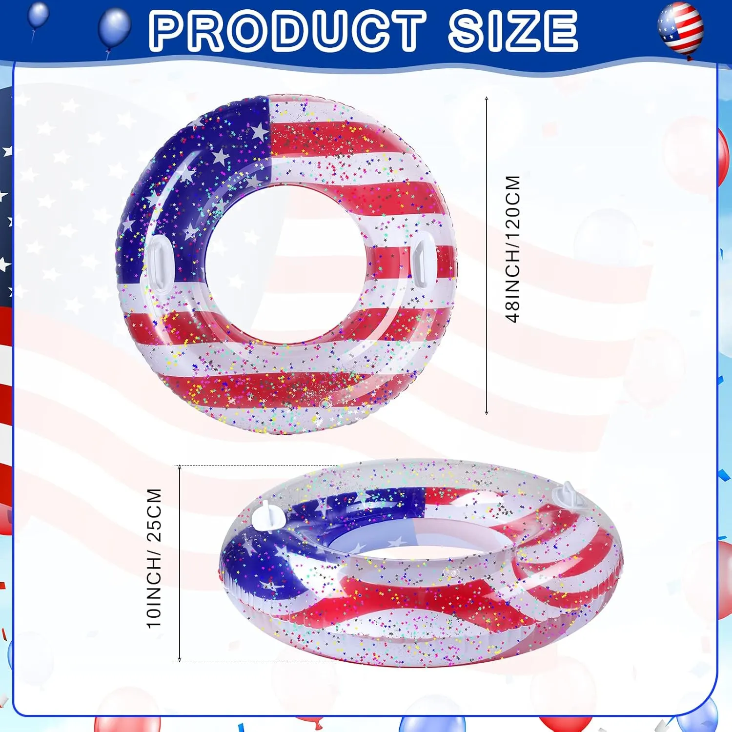 Leitee 2 Pcs Patriotic Inflatable Pool Float Tube with Handles USA Flag Inflatable Pool Float with Confetti Design Swimming Ring Float Summer Floaties for Adults Kid Beach Party (48 inch)