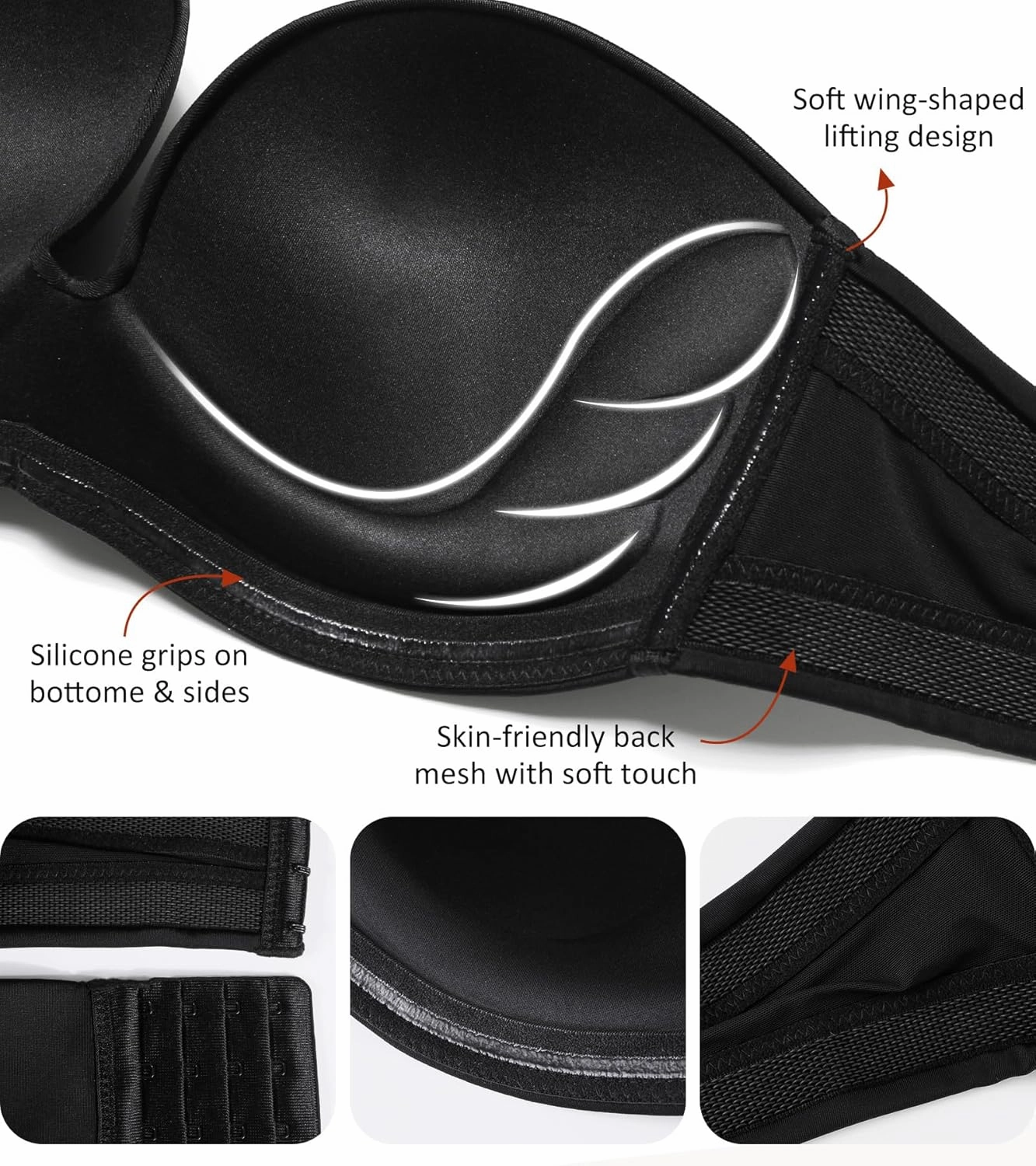 Lemorosy Women's Wireless Push Up Plunge Padded Non-Slip Invisible Strapless Bra