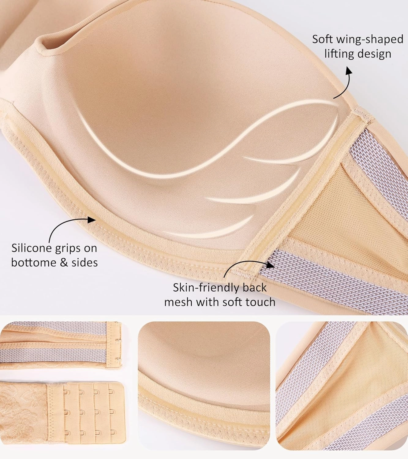 Lemorosy Women's Wireless Push Up Plunge Padded Non-Slip Invisible Strapless Bra