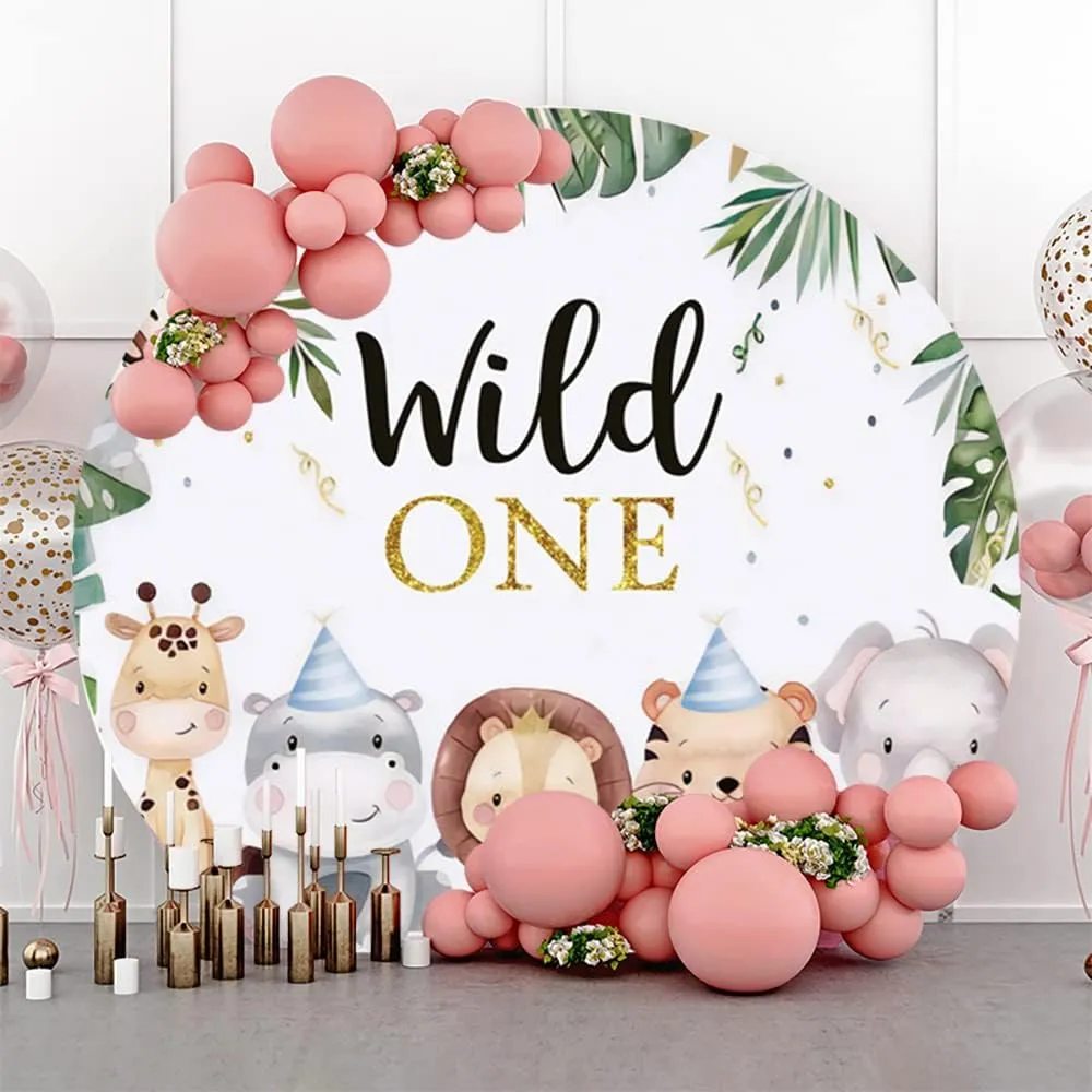Leyiyi 7.2x7.2ft Wild One Round Backdrop Cover Jungle Safari Animals Circle Backdrop Stand Cover Tropical Leaves Forest Zoo Photography Background for Boys Birthday Party Baby Shower Cake Table Banner