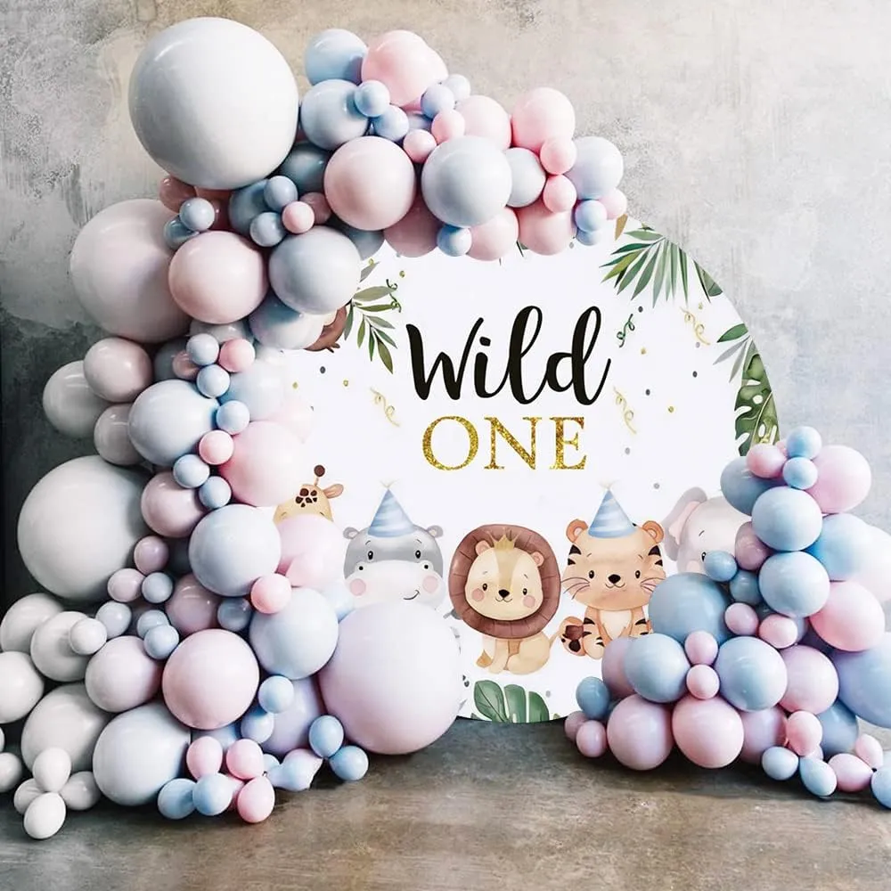 Leyiyi 7.2x7.2ft Wild One Round Backdrop Cover Jungle Safari Animals Circle Backdrop Stand Cover Tropical Leaves Forest Zoo Photography Background for Boys Birthday Party Baby Shower Cake Table Banner