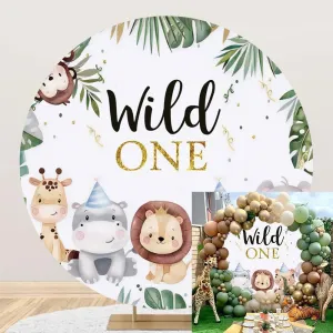 Leyiyi 7.2x7.2ft Wild One Round Backdrop Cover Jungle Safari Animals Circle Backdrop Stand Cover Tropical Leaves Forest Zoo Photography Background for Boys Birthday Party Baby Shower Cake Table Banner