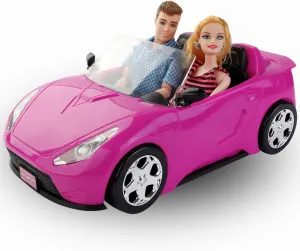 Liberty Imports Doll-Sized Convertible Car for Dolls – 2-Seater Pink Vehicle with Rolling Wheels, Seat Belts w/ Two 11.5" Dolls Included
