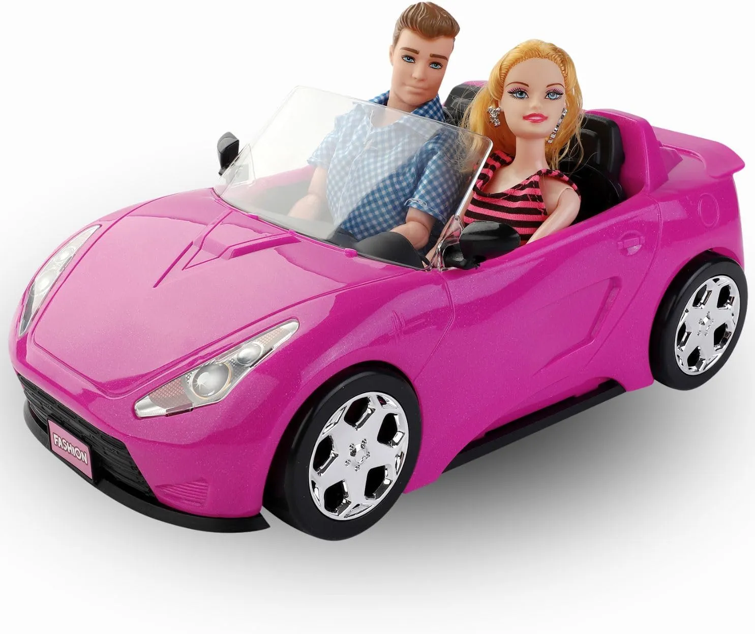 Liberty Imports Doll-Sized Convertible Car for Dolls – 2-Seater Pink Vehicle with Rolling Wheels, Seat Belts w/ Two 11.5" Dolls Included