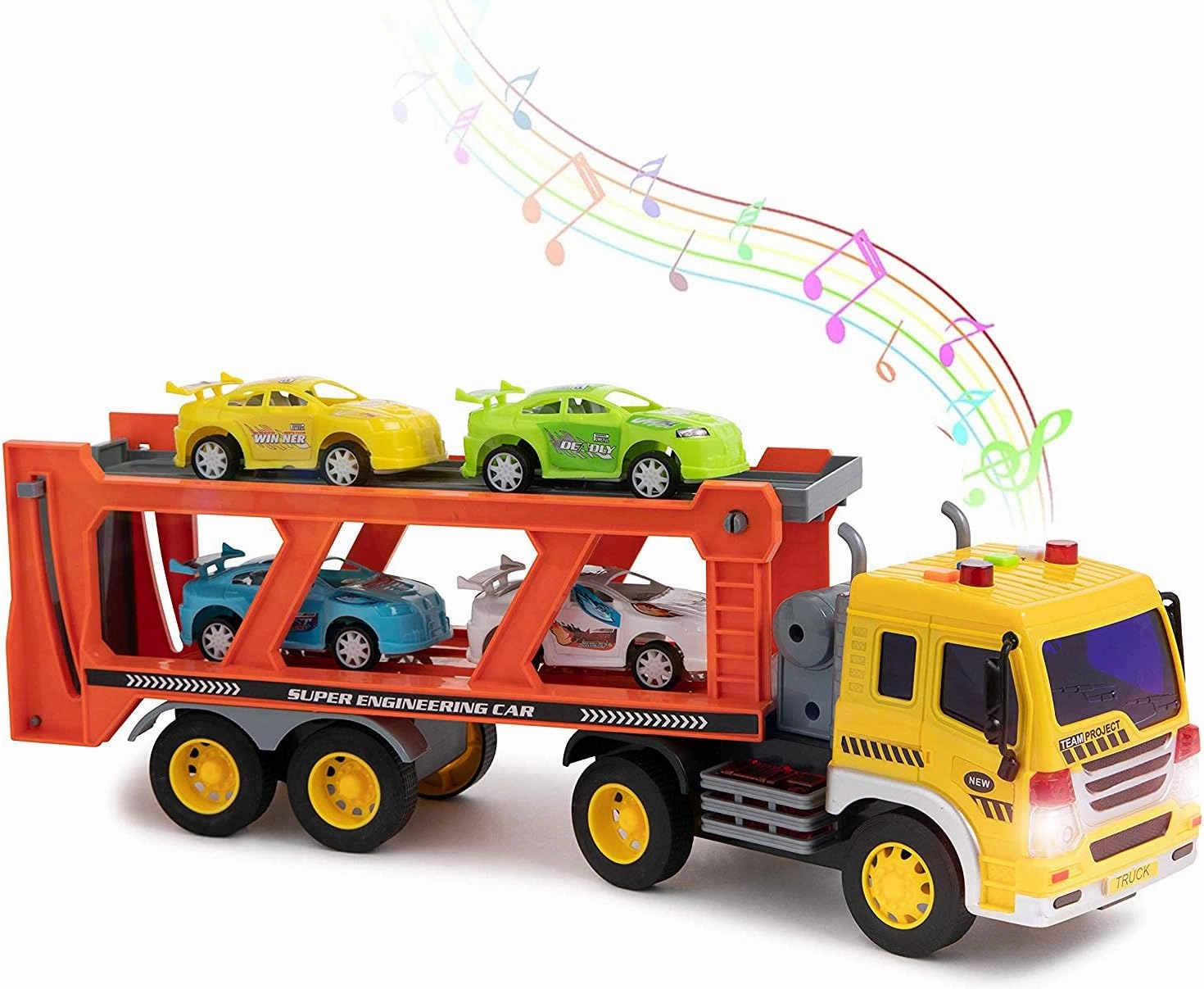 Liberty Imports Friction Powered Transport Car Carrier Truck Kids Toy - Heavy Duty Auto Transporter Trailer with Lights, Sound Effects, and Ramp (Includes 4 Removable Cars)