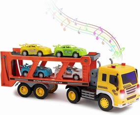Liberty Imports Friction Powered Transport Car Carrier Truck Kids Toy - Heavy Duty Auto Transporter Trailer with Lights, Sound Effects, and Ramp (Includes 4 Removable Cars)