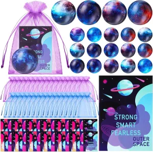 Libima 150pcs Galaxy Stress Balls Gift Set 2 Inch Foam Squeeze Balls Card and Organza Bag Toys for Stress Relief Outer Space Astronaut Party Reward Adults Prize Favors Supplies