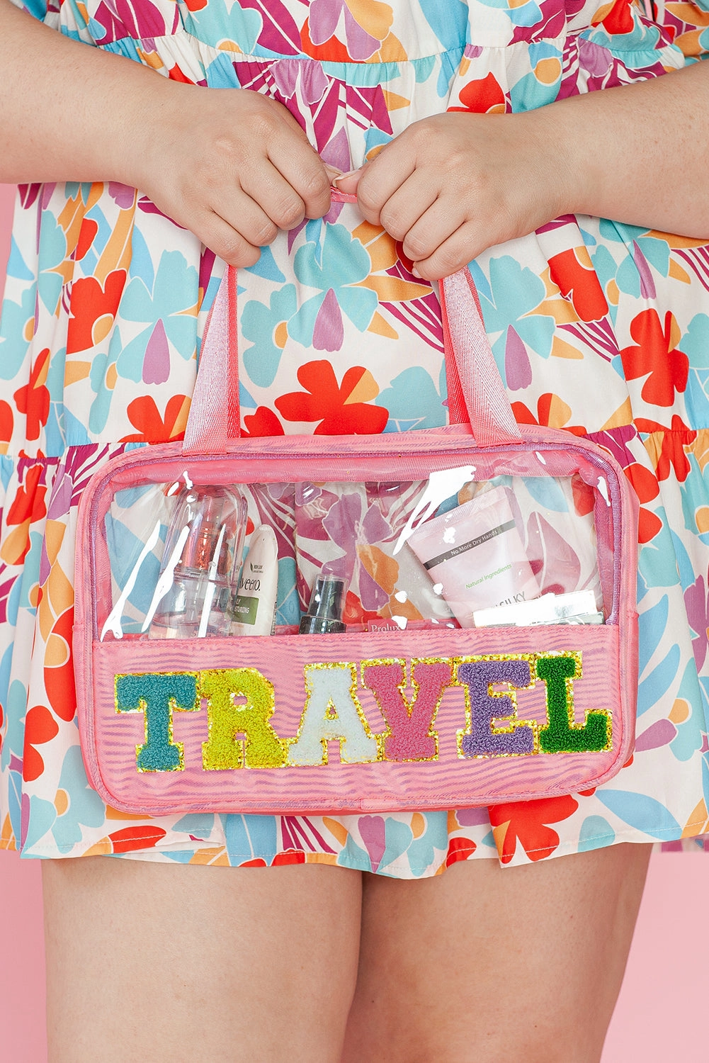 Light Pink TRAVEL Chenille Letter Clear PVC Makeup Bag
