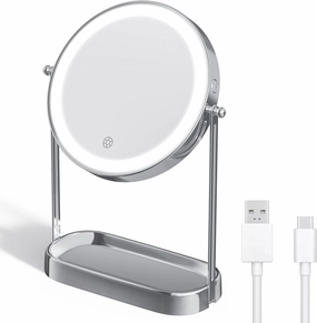 Lighted Makeup Mirror with Lights Storage Tray 3 Lighting Rechargeable Mirror with Magnification 1X/10X 360° Swivel 8" Portable Vanity Personal Makeup Mirror Great Gift (Chrome)