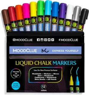 Liquid chalk markers 12 neon erasable Whiteboards, glass boards, chalkboards, windows, mirrors, car windshields, auto, glass. Odorless, non-toxic. Wet or dry erase. Thick and thin tip