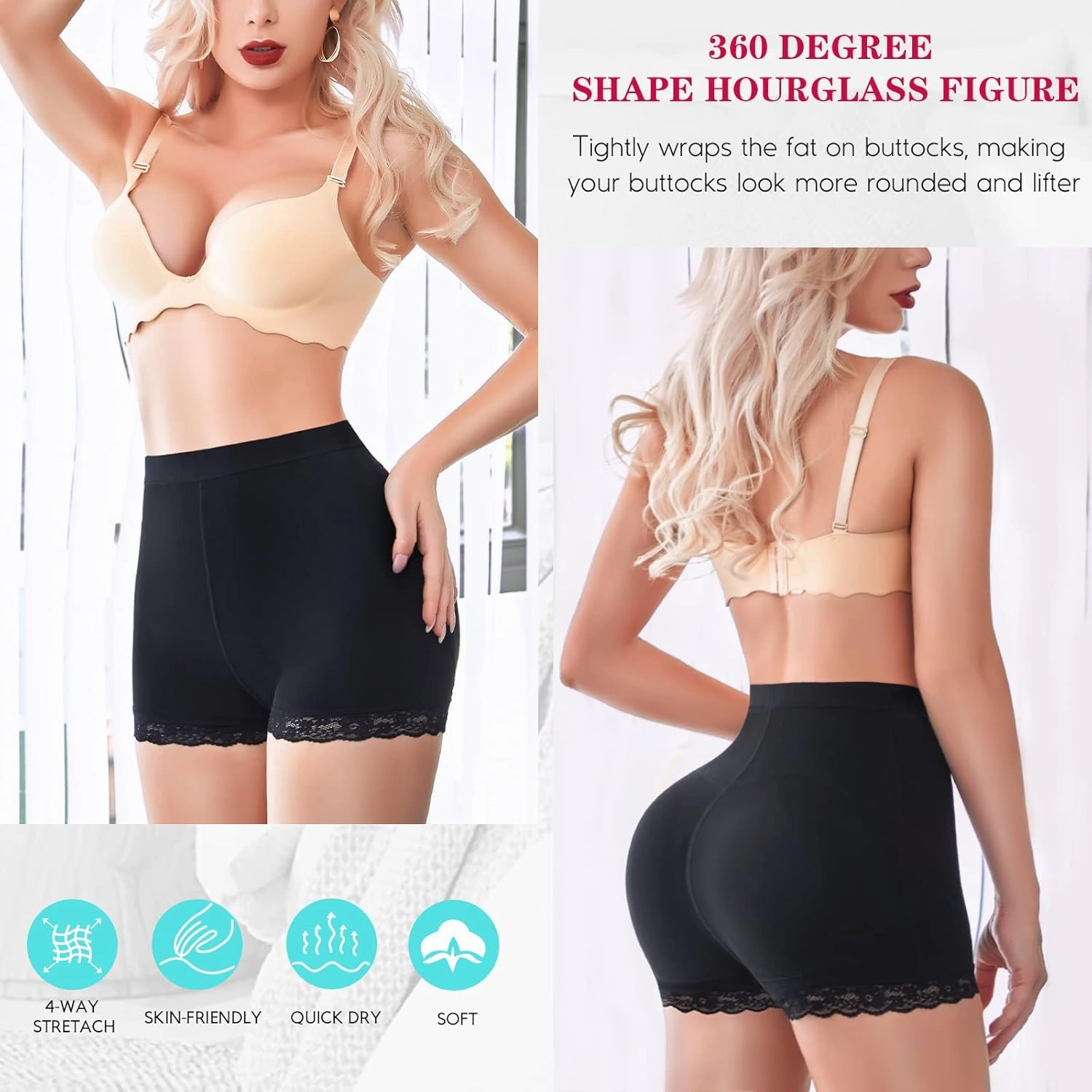 LODAY Womens Butt Lifter Padded Lace Panties Seamless Hip Enahncer Body Shaper Boyshort Underwear