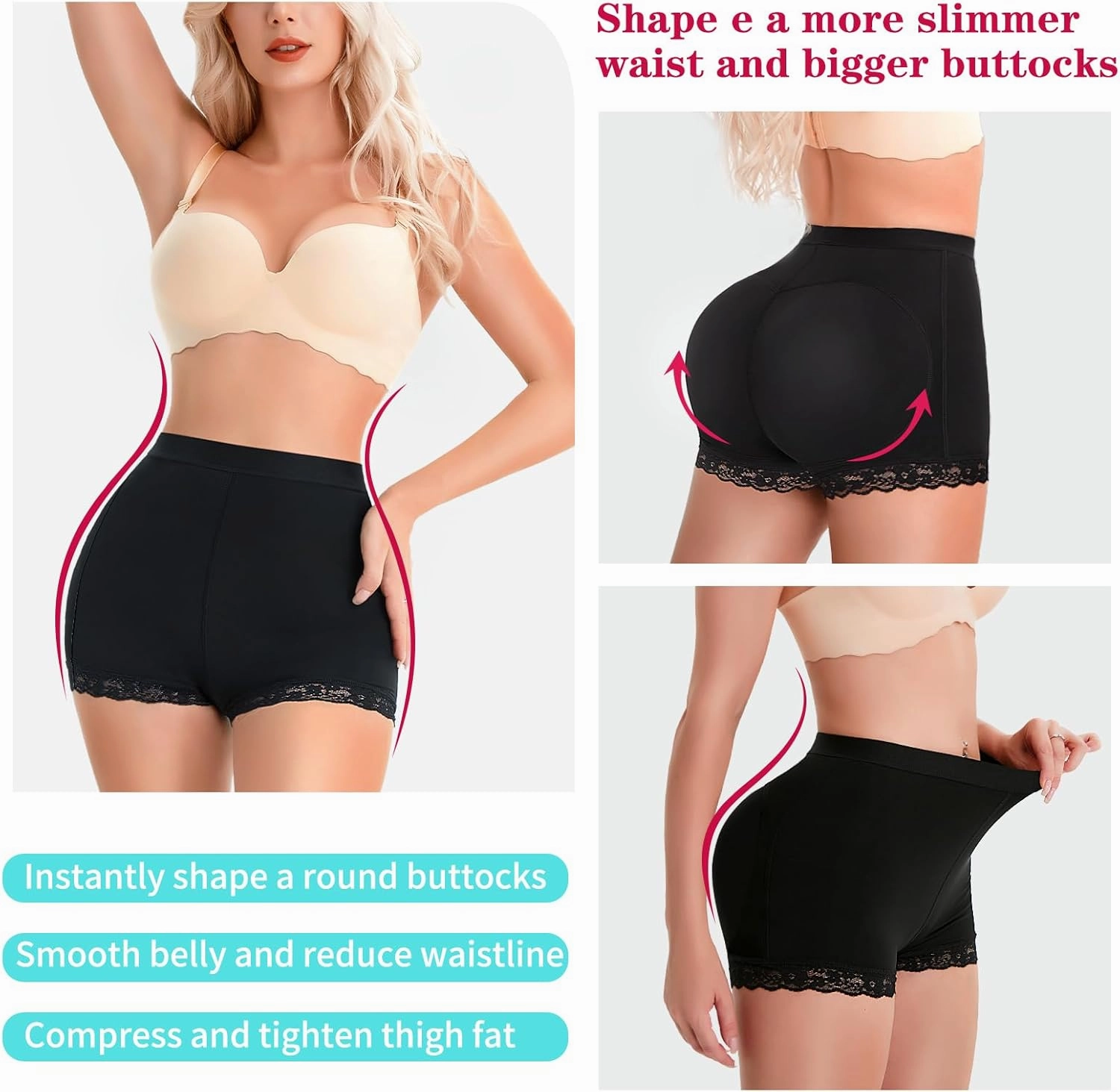 LODAY Womens Butt Lifter Padded Lace Panties Seamless Hip Enahncer Body Shaper Boyshort Underwear
