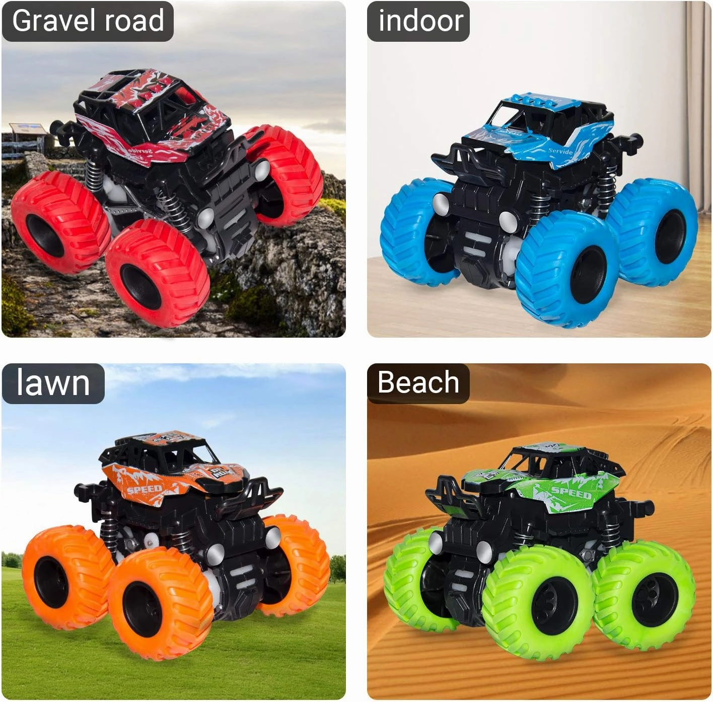 LONANDY 4 Pack Monster Truck Toys for Boys and Girls - Friction Powered Push and Go Toy Cars, Inertia Car Toy Set Stunt Toy Vehicles, Birthday Party Supplies for Toddlers Kids Ages 3 