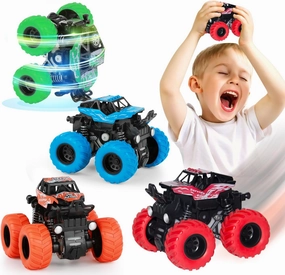 LONANDY 4 Pack Monster Truck Toys for Boys and Girls - Friction Powered Push and Go Toy Cars, Inertia Car Toy Set Stunt Toy Vehicles, Birthday Party Supplies for Toddlers Kids Ages 3 