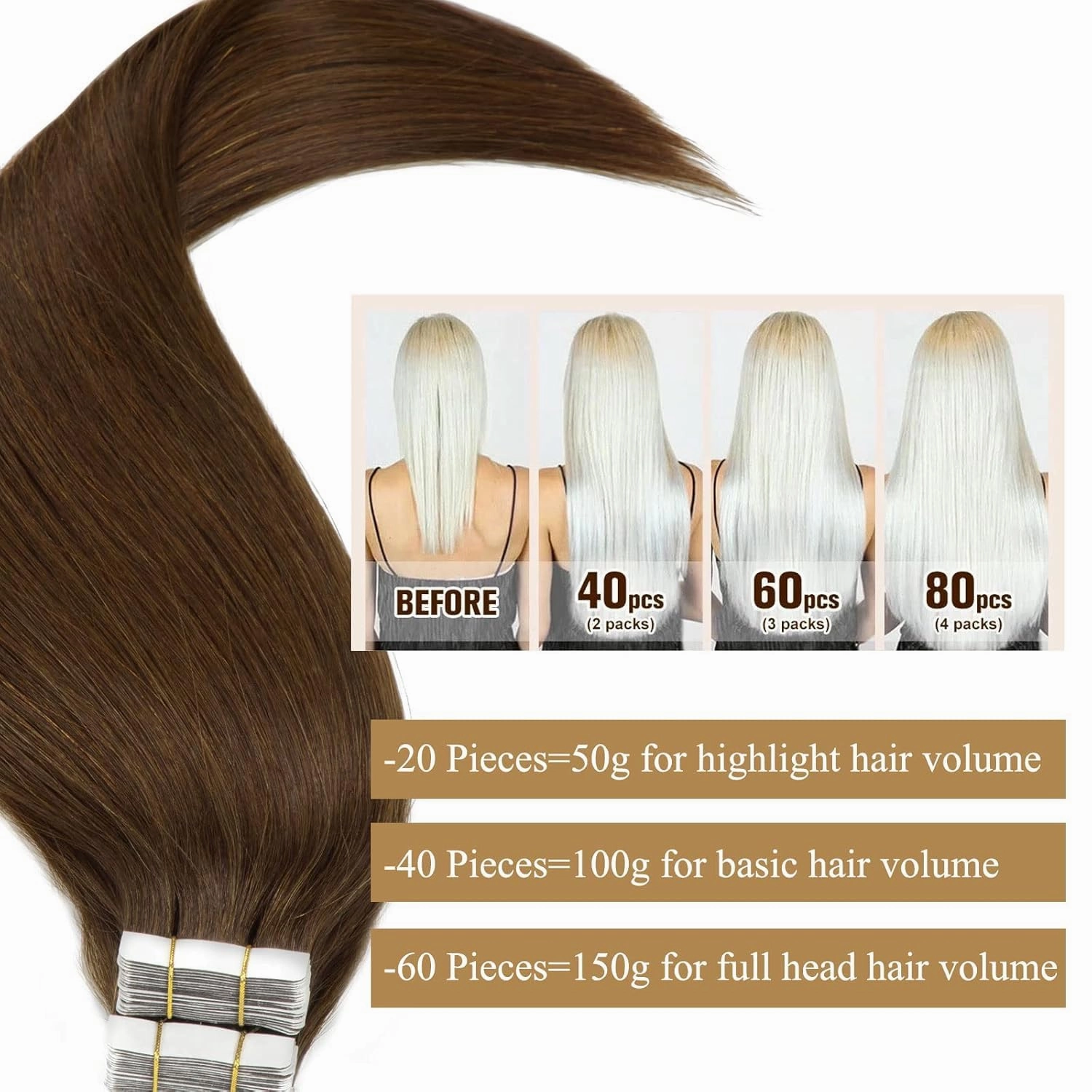Loxxy Hair Extensions Real Human Hair Tape in Double Sides Invisible Straight Seamless PU Medium Brown Natural Hair Extensions Tape in Human Hair Skin Weft 14Inch 50 Grams 20 Pieces Glue on Hair
