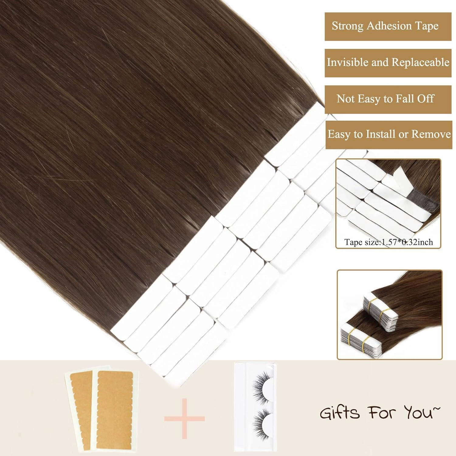 Loxxy Hair Extensions Real Human Hair Tape in Double Sides Invisible Straight Seamless PU Medium Brown Natural Hair Extensions Tape in Human Hair Skin Weft 14Inch 50 Grams 20 Pieces Glue on Hair