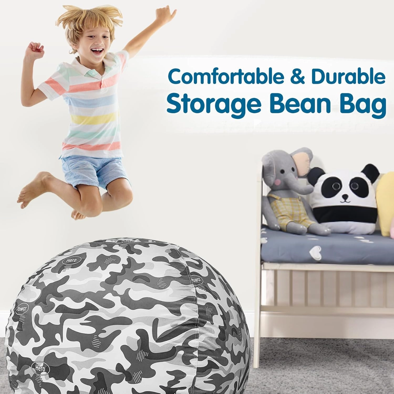 Lukeight Stuffed Animal Storage Bean Bag Chair Cover (No Filling) for Kids, Zipper Beanbag Chair Cover for Organizing Toddler and Kids' Rooms Plush Toys (Camo Velvet, Large)