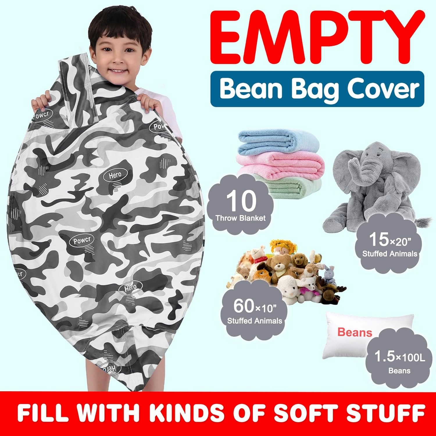 Lukeight Stuffed Animal Storage Bean Bag Chair Cover (No Filling) for Kids, Zipper Beanbag Chair Cover for Organizing Toddler and Kids' Rooms Plush Toys (Camo Velvet, Large)