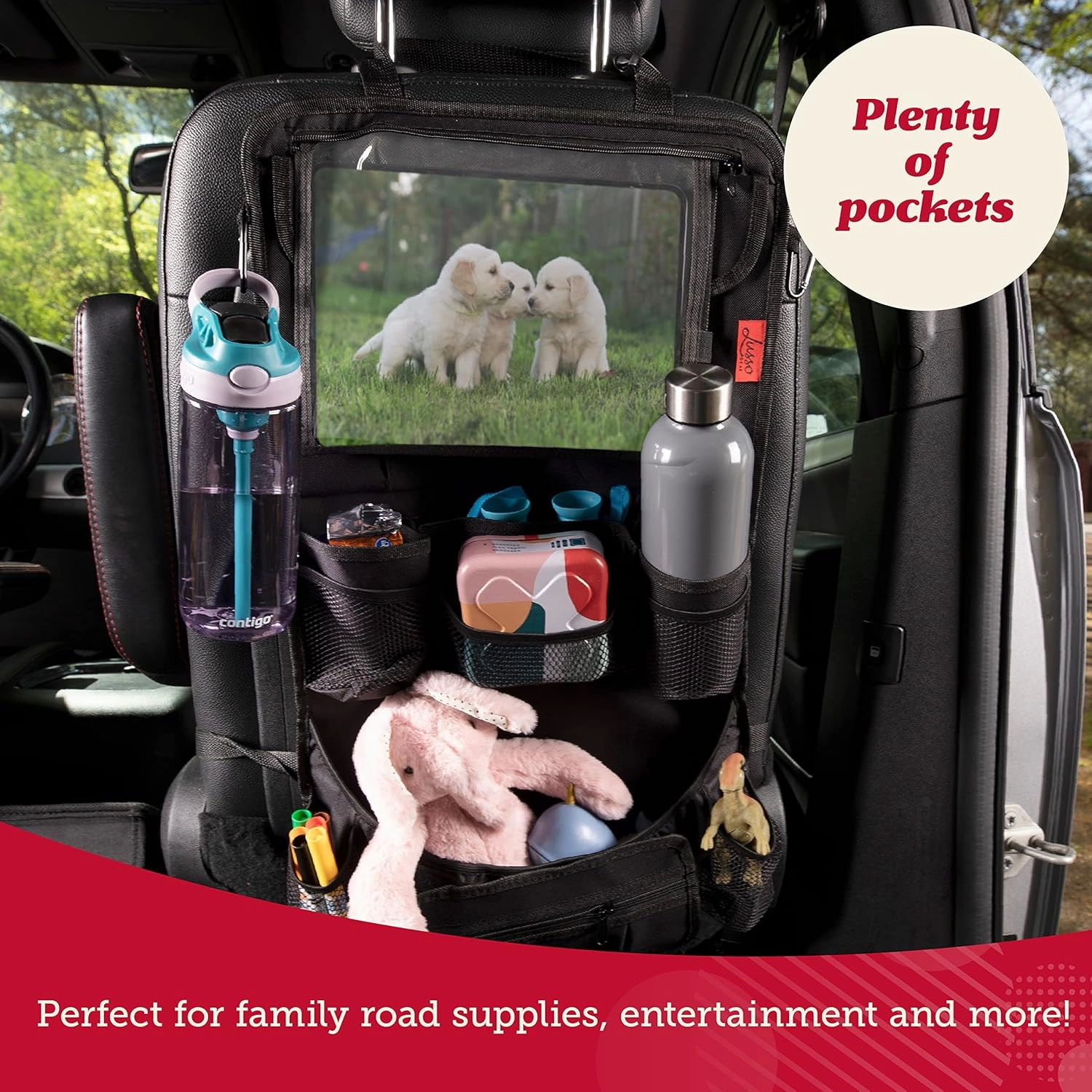 Lusso Gear Backseat Car Organizer- Kick Mat Protects Against Kids Feet - 12 Large Storage Pockets - iPad,Tablet, Water Bottle Holder- Durable, Heavy Duty Road Trip Essential (Black)