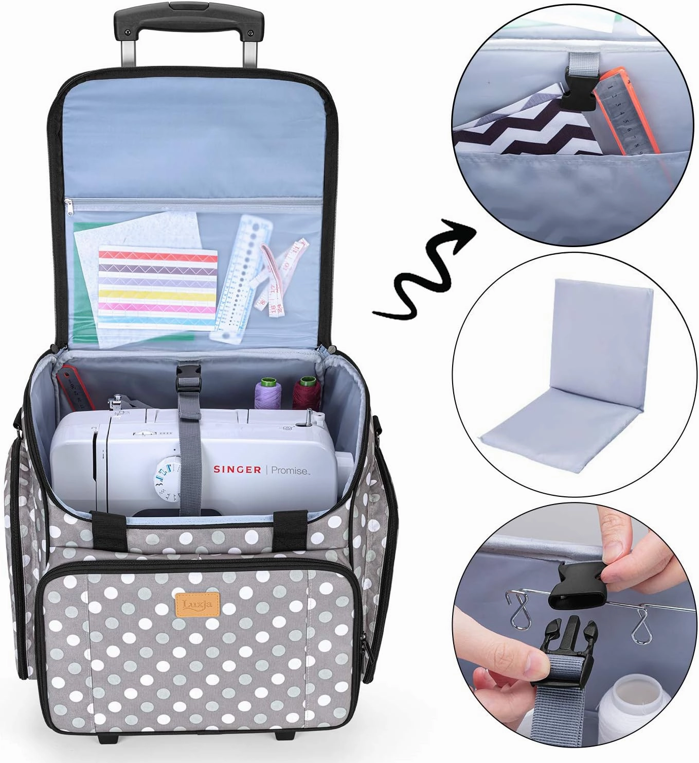 LUXJA Sewing Machine Case with Detachable Dolly, Sewing Machine Tote with Removable Bottom Pad (Patent Design), Gray Dots