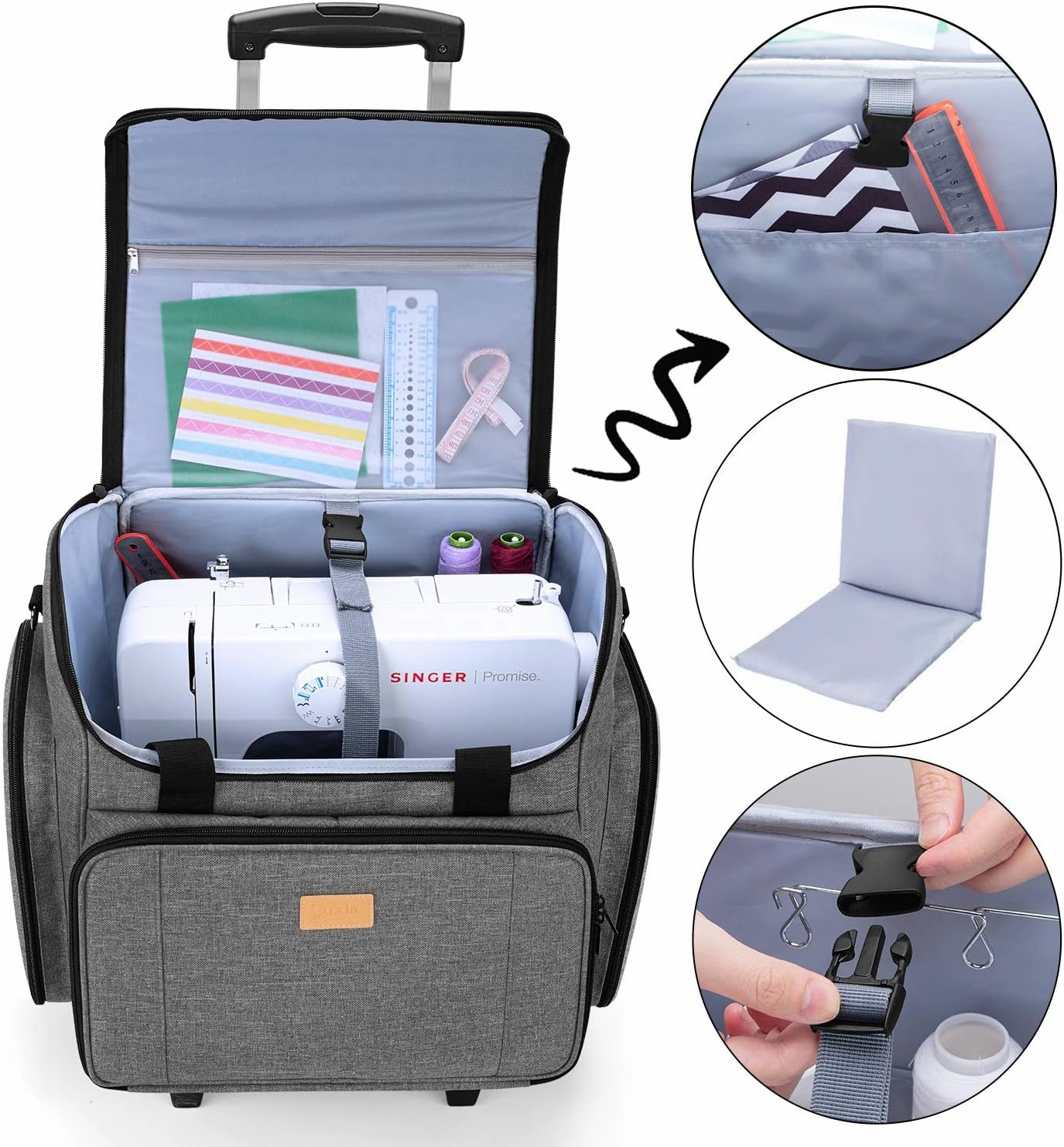LUXJA Sewing Machine Case with Detachable Dolly, Sewing Machine Tote with Removable Bottom Pad (Patent Design), Gray