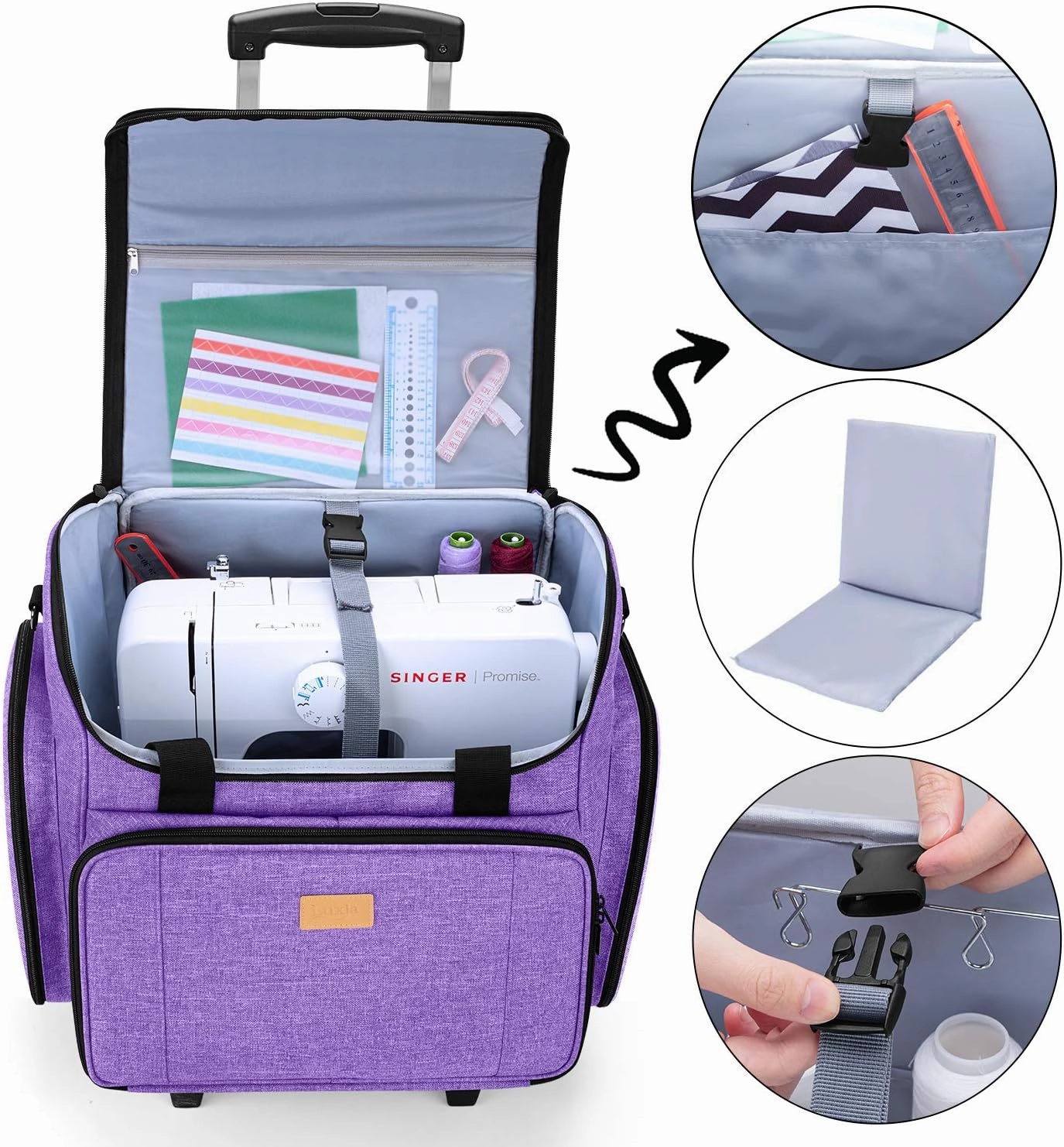 LUXJA Sewing Machine Case with Detachable Dolly, Sewing Machine Tote with Removable Bottom Pad (Patent Design), Purple