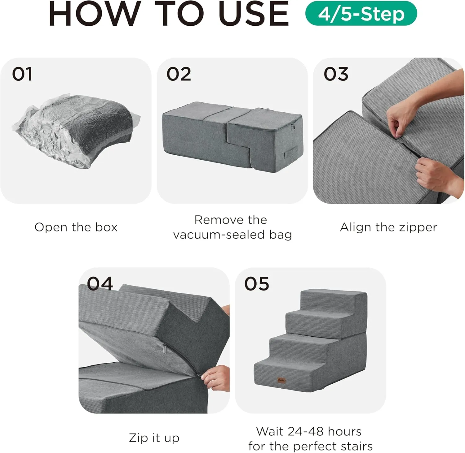 Made4Pets Dog Steps for Bed, Extra Wide Dog Stairs for High Bed Couch Sofa, 35D Foam Pet Steps for Small Dogs and Cats, Non-Slip Bottom Pet Stairs, Grey, 4 Steps