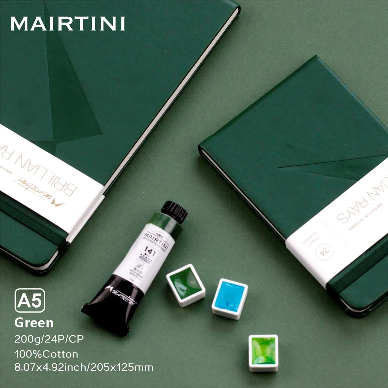 Mairtini Academy Grade Brilliant Series Pure Cotton Portable Watercolor Journal 200g Watercolor Pad 24 Sheets A5(Green)