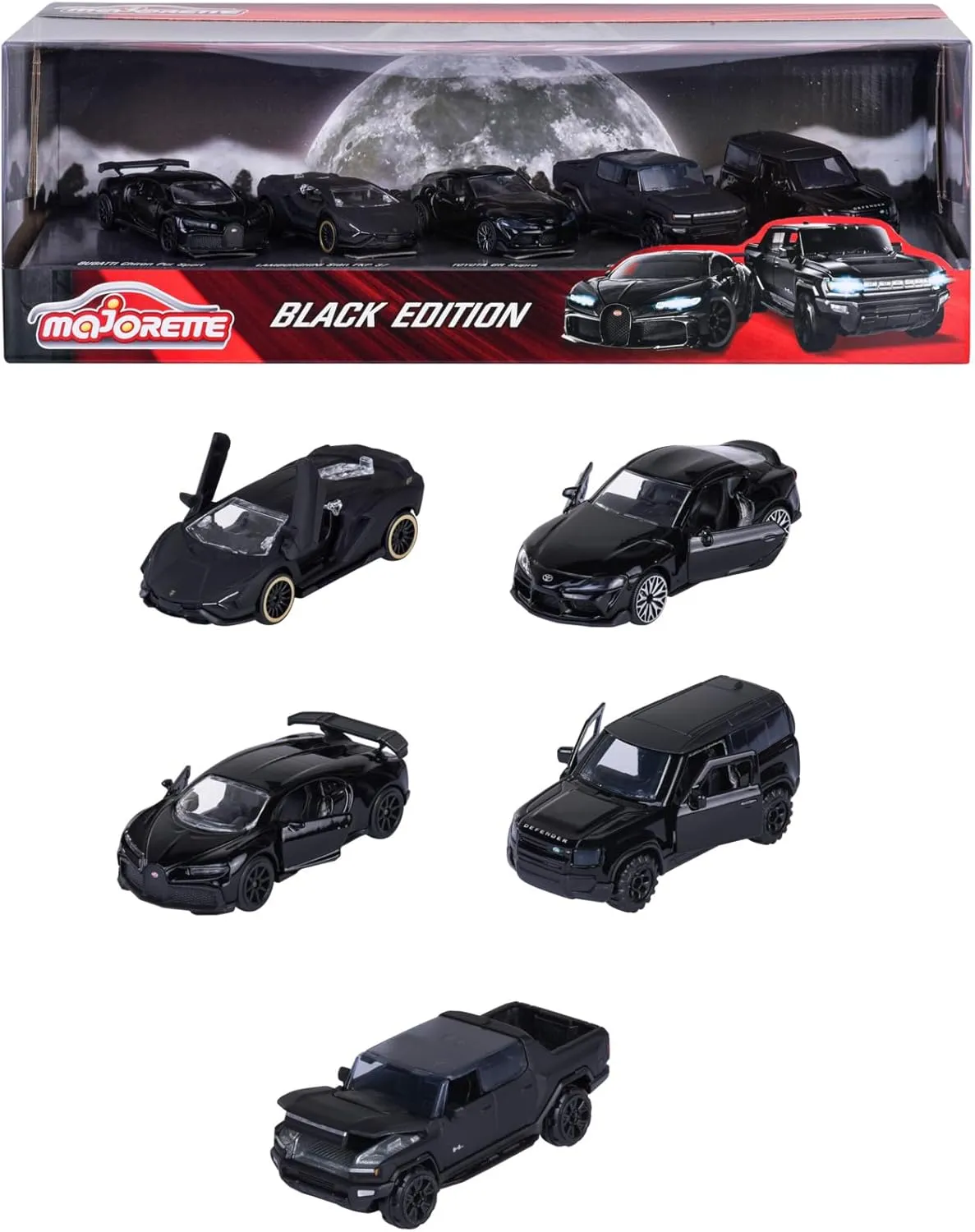 Majorette Black Edition Car Set (5 Cars) - 5 Black Metal Model Cars with Freewheel, Suspension & Opening Part, Toy Cars for Collectors and Children from 3 Years, Each 7.5 cm