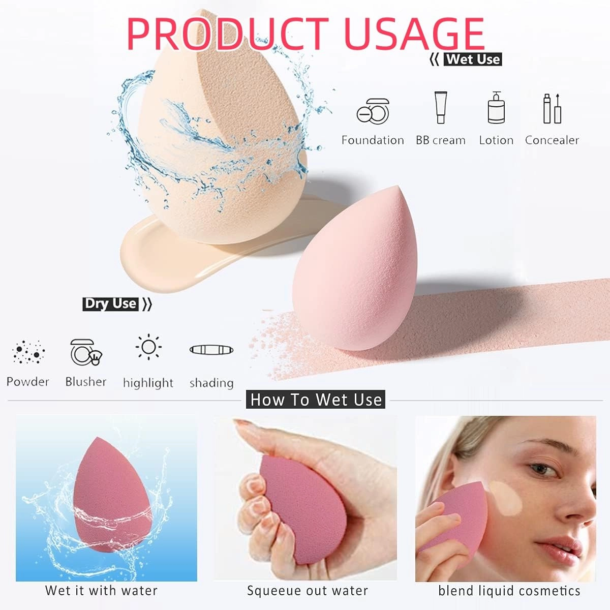 Makeup Sponge Set -4 beauty sponge mixing mixers, with 1 stand and packaging box, suitable for powder compact and face cream (pink) (Purple-01)